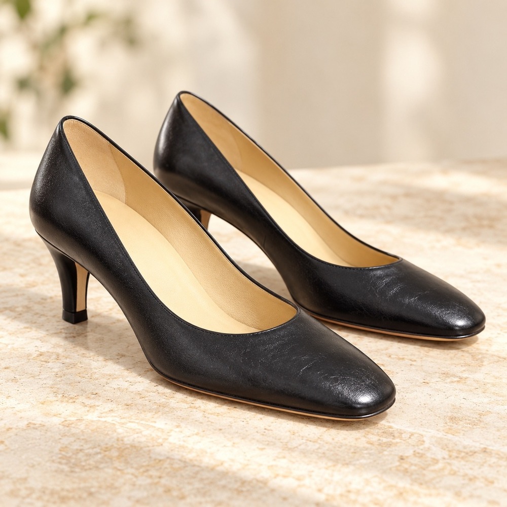 Talbots Black Leather Kitten Heel Pumps Size 8.5 M Made in Spain Almond Toe